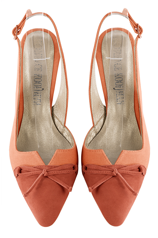 Terracotta orange women's open back shoes, with a knot. Tapered toe. Medium slim heel. Top view - Florence KOOIJMAN